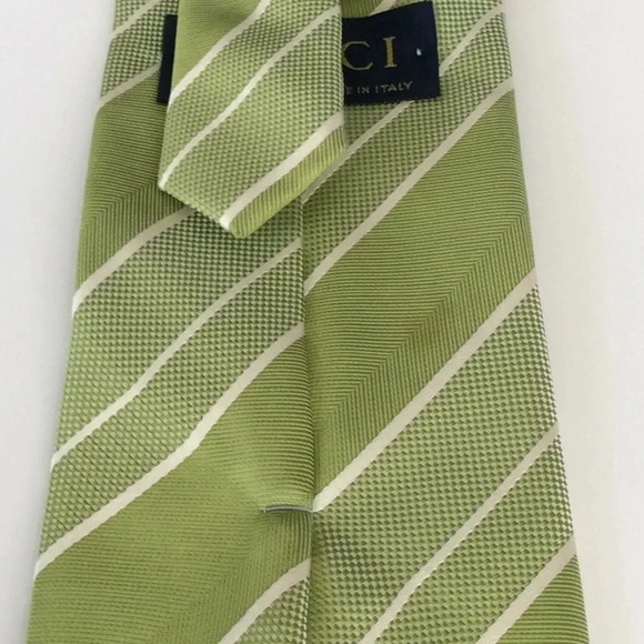 TUCCI Green & White Striped 100% Italian Silk Tie - Picture 7 of 7